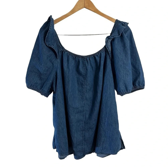 Lane Bryant Chambray Blouse Plus Size 22 Short Puff Sleeves Seersucker Neckline - Picture 2 of 5